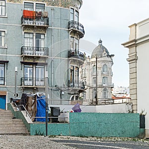 Improvised homeless tent camp in the historical center of Lisbon, Portugal