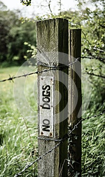 Improvised No Dogs sign seen on a timber fence post at a pasture.