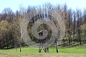 Improvised old hunting lookout tower made of wood surrounded with grass and tall trees with clear blue sky in background