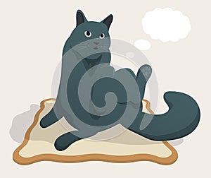 Impudent fat cat sits relaxed on rug. and dreams of food. Bubbles, clouds for text fly near head of gray cat. Cartoon vector