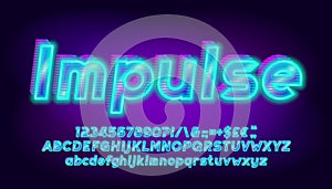 Impulse alphabet font. 3D effect bright letters, numbers and punctuations. Uppercase and lowercase.