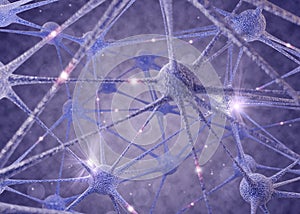 Impulses traveling between neurons through axons on purple background, illustration