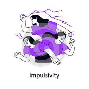 Impulsivity, impulsiveness, behavior problem, psychology concept. Emotional hectic woman acting fast, busling