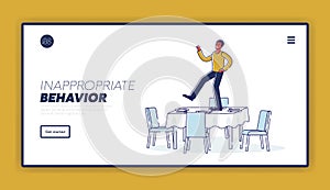 Inappropriate behavior landing page concept with drunk man dancing on served table during event