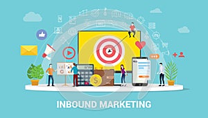 Inbound marketing concept strategy team working together with big screen goals and graph chart and icon spread - vector