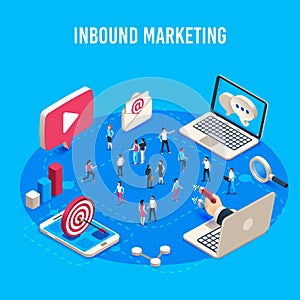 Inbound marketing isometric. Online mass market ads, business target sales ad and offline sale advancement vector