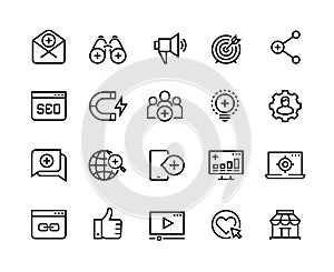 Inbound marketing line icons. Lead social media, action marketing influence and target audience attraction. Marketing