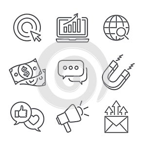 Inbound Marketing Vector Icons with growth, roi, call to action, seo, lead conversion, social media, attract, brand engagement, p