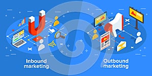 Inbound and outbound marketing vector business illustration in i