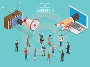 Inbound vs outbound marketing isometric vector.