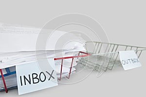 Inbox and outbox trays in an office over white background