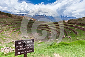 Inca agricultural terraces, mostly round, Moray, near the city Cusco and Maras. Peru.