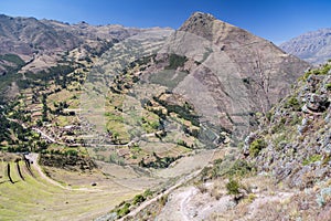 Inca agricultural terraces in Pisaq village, Peru