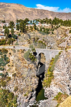 The Inca Bridge across the Colca River at Chivay, Peru