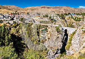 The Inca Bridge across the Colca River at Chivay, Peru