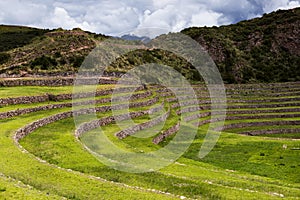 Inca circular terraces in Moray, in the Sacred Valley, Peru.