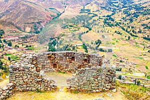 Inca fortress ruins Pisaq in Urubamba river Sacred Valley, Peru, South America