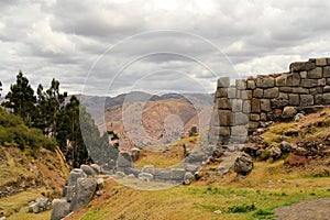 Inca fortress Saksaywaman with view on Cusco, Peru