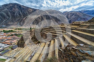 Inca Fortress with Terraces and Temple Hill in Ollantaytambo, Cusco, Peru.