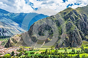 Inca Fortress with Terraces and Temple Hill in Ollantaytambo, Peru.
