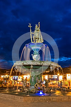 Inca fountain in the Plaza de Armas of Cusco, Peru