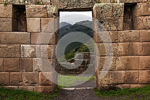 Inca masonry detail of wall and door at Pisac, Peru