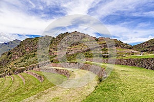 Inca plants farming terraces in Pisaq near Cusco in Peru