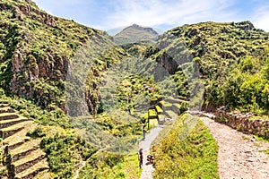 Inca plants farming terraces in Pisaq near Cusco in Peru