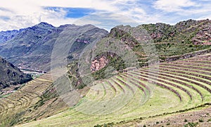 Inca plants farming terraces in Pisaq near Cusco in Peru