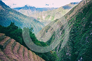 Inca ruins of farming terraces near Machu Picchu. Peru. No people.