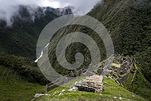 The Inca ruins of Winay Wayna and the surrounding valley, along the Inca Trail to Machu Picchu in Peru