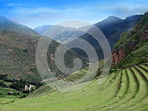 Inca stepped terraces near Machu Picchu in Peru