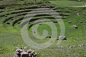 Inca terraces of Moray. Each level has its own microclimate. Moray is an archaeological site near the Sacred Valley