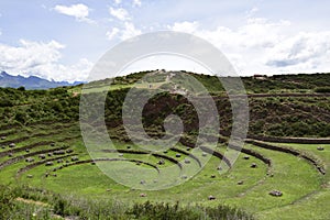 Inca terraces of Moray. Each level has its own microclimate. Moray is an archaeological site near the Sacred Valley