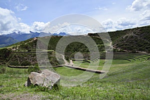 Inca terraces of Moray. Each level has its own microclimate. Moray is an archaeological site near the Sacred Valley