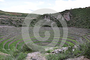 Inca terraces of Moray. Each level has its own microclimate. Moray is an archaeological site near the Sacred Valley