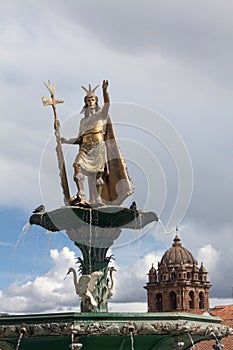 Inca on Top of Fountain in Cusco Plaza, Peru