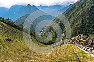 Inca Trail, Peru - August 03, 2017: Ancient ruins of Winay Wayna on the Inca Trail, Peru