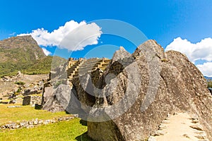 Inca Wall in Machu Picchu, Peru, South America. Example of polygonal masonry.
