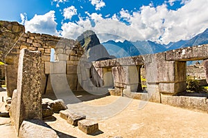 Inca Wall in Machu Picchu, Peru, South America. Example of polygonal masonry. The famous 32 angles stone in ancient Inca
