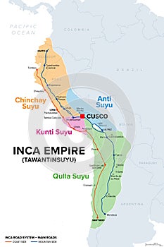 Inca Empire, Tawantinsuyu, map with four Suyus, and the two main roads