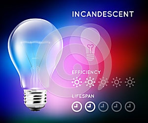 Incandescent halogen light bulb infographic with approximate estimate of energy and efficiency.