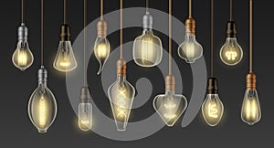 Incandescent lamps. Vintage glowing 3D realistic light bulb, retro loft ceiling filament chandelier, modern interior