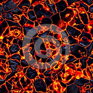 Incandescent lava ground with melting rocks. Seamless digital pattern