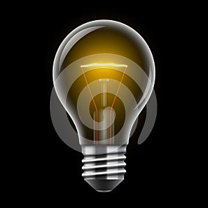 Incandescent light bulb on a black background. Glowing lightbulb realistic vector illustration