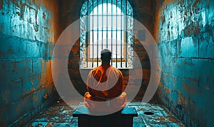 Incarcerated person in orange jumpsuit sitting alone in a bleak prison cell, gazing out of the barred window, evoking themes