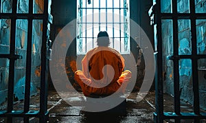 Incarcerated person in orange jumpsuit sitting alone in a bleak prison cell, gazing out of the barred window, evoking themes