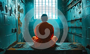 Incarcerated person in orange jumpsuit sitting alone in a bleak prison cell, gazing out of the barred window, evoking themes