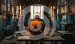 Incarcerated person in orange jumpsuit sitting alone in a bleak prison cell, gazing out of the barred window, evoking themes