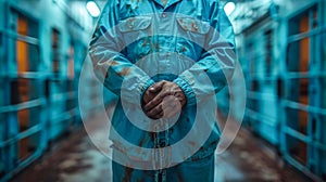 Incarceration Concept: Man in Prisoner Uniform with Shackled Hands. Generative ai photo